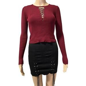 Forever 21 Burgundy Lace-Up Ribbed Sweater